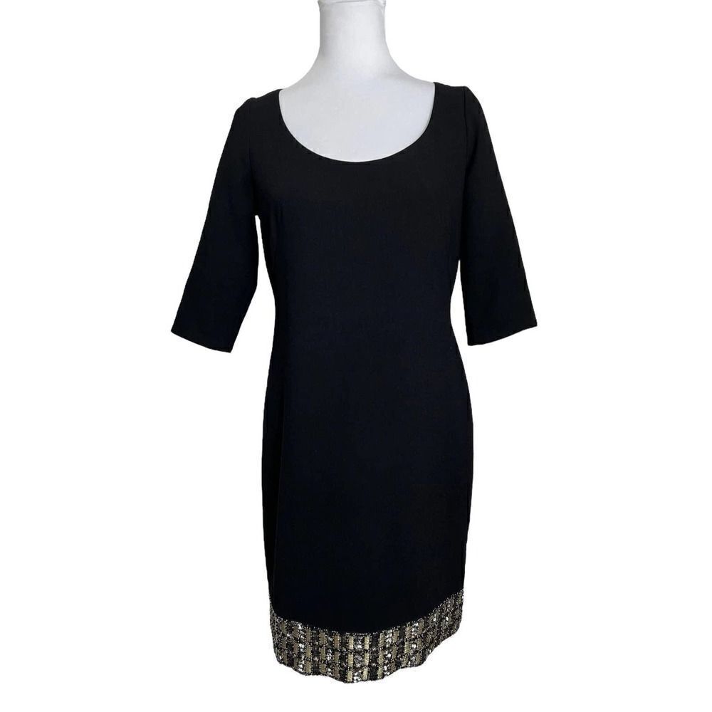 Carmen Marc Valvo Dress Black Gold Metallic Beaded Hem Size 6